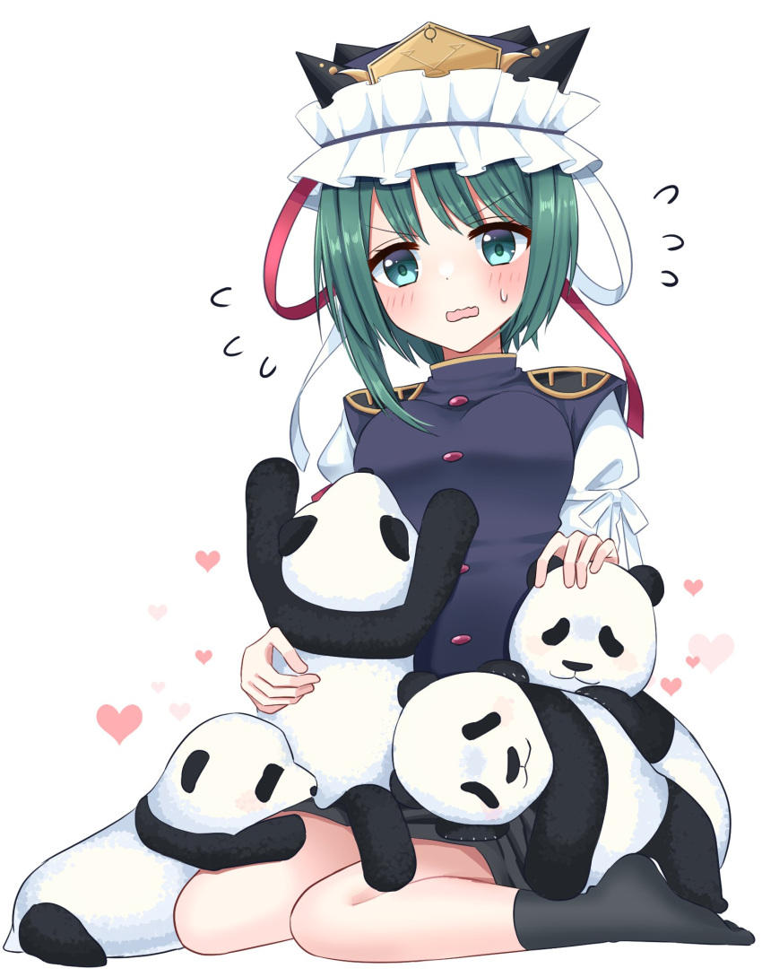 1girl arm_garter asymmetrical_bangs bangs black_legwear blue_vest blush breasts commentary_request dot_nose epaulettes flustered flying_sweatdrops gold_trim green_eyes green_hair hat hat_ribbon heart highres long_sleeves looking_at_viewer medium_breasts open_mouth panda puffy_sleeves red_button red_ribbon ribbon shiki_eiki shiny shiny_hair simple_background sitting socks solo stigma1101 stuffed_animal stuffed_toy sweatdrop touhou v-shaped_eyebrows vest wariza white_background white_ribbon