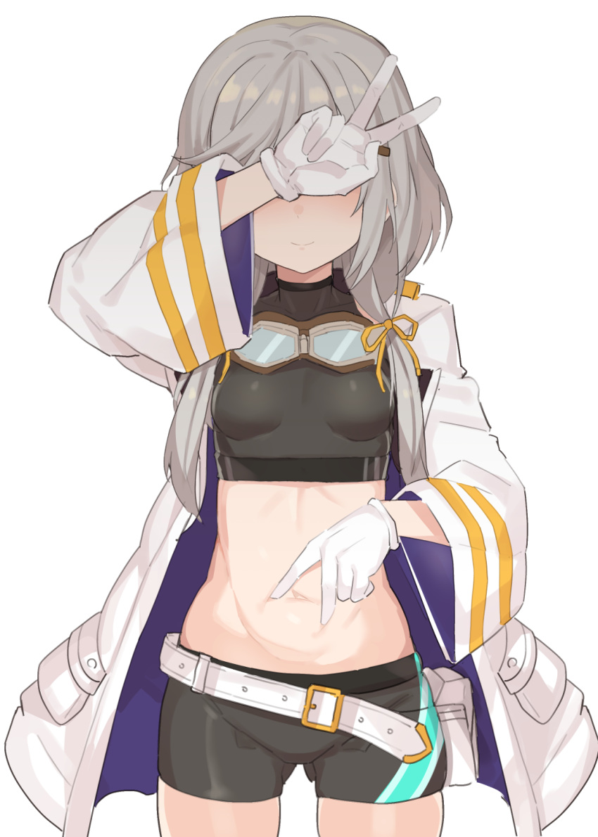 1girl artist_request belt belt_buckle breasts buckle counter:side covering_face embarrassed gloves goggles goggles_around_neck grey_hair hair_ornament hairclip highres long_sleeves midriff navel raphaela_(counter:side) sexually_suggestive short_shorts shorts small_breasts solo spread_navel v white_background white_gloves