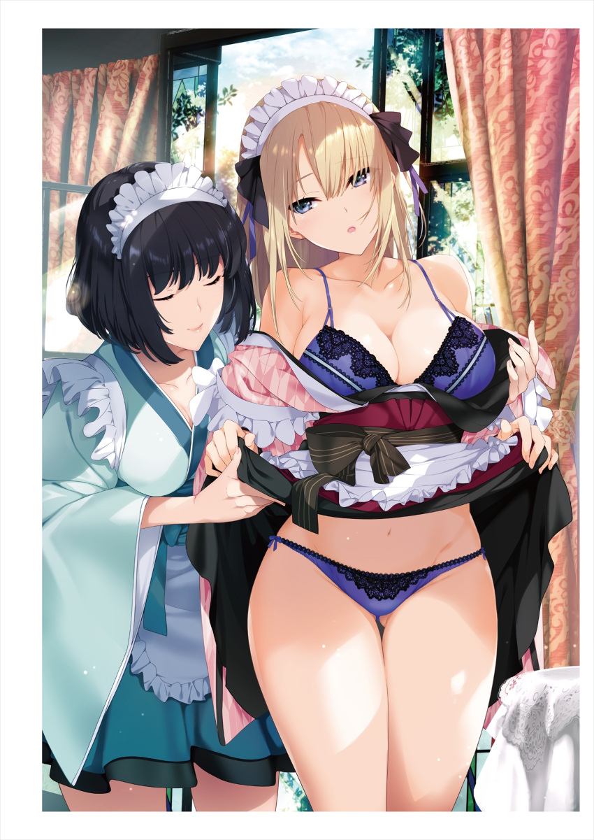 2girls absurdres apron ass_visible_through_thighs bangs bare_shoulders black_hair blonde_hair blue_eyes bra breasts cleavage closed_mouth cloud cloudy_sky curtains day fingernails frills highres iizuki_tasuku indoors japanese_clothes kimono large_breasts lifted_by_self lips long_hair maid maid_headdress multiple_girls navel off_shoulder open_mouth original panties shiny shiny_hair shiny_skin short_hair simple_background skirt skirt_hold sky stomach thighs underwear waist_apron wide_sleeves window