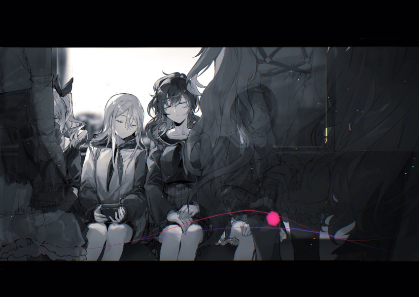 25-ji_night_code_de._(project_sekai) akiyama_mizuki asahina_mafuyu ground_vehicle hatsune_miku highres kagamine_rin kagerou_project megurine_luka multiple_girls nashinashi neckerchief project_sekai scene_reference shinonome_ena sitting sleeping sleeping_upright spot_color train train_interior transparent watching yoisaki_kanade