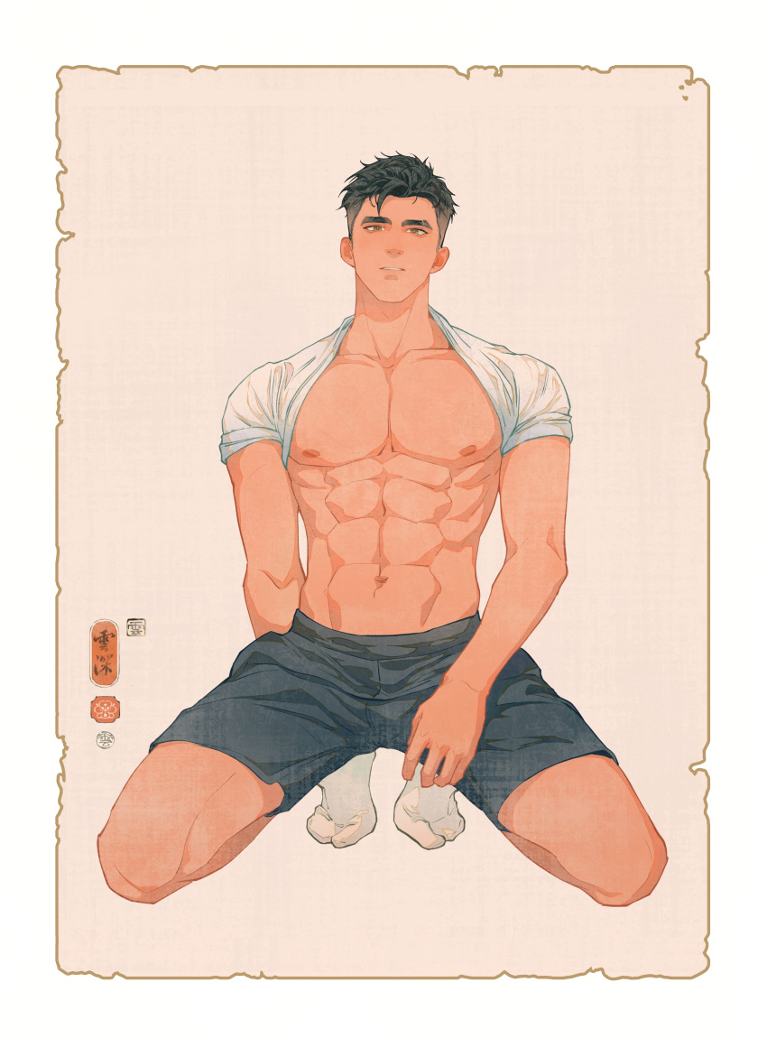 1boy abs absurdres bara bare_chest black_hair border brown_eyes highres large_pectorals male_focus muscular muscular_male open_clothes open_shirt original parted_lips pectorals short_hair simple_background socks solo squatting white_border yun_shen