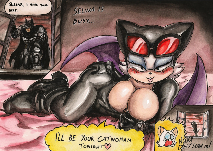 &lt;3 absurd_res anthro bat_wings batman batman_(series) bed being_watched blush bodysuit boots breasts cape chiropteran cleavage clothed clothing crossover cutaway dc_comics dialogue duo english_text eyeshadow eyewear eyewear_on_head female flashing footwear fur furniture goggles goggles_on_head half-closed_eyes hand_on_butt hi_res human light_body light_skin lipstick looking_at_another makeup male mammal membrane_(anatomy) membranous_wings narrowed_eyes naughty_face open_mouth rouge_the_bat sega skinsuit sonic_the_hedgehog_(series) souleatersaku90 speech_bubble text tight_clothing white_body white_fur window wings