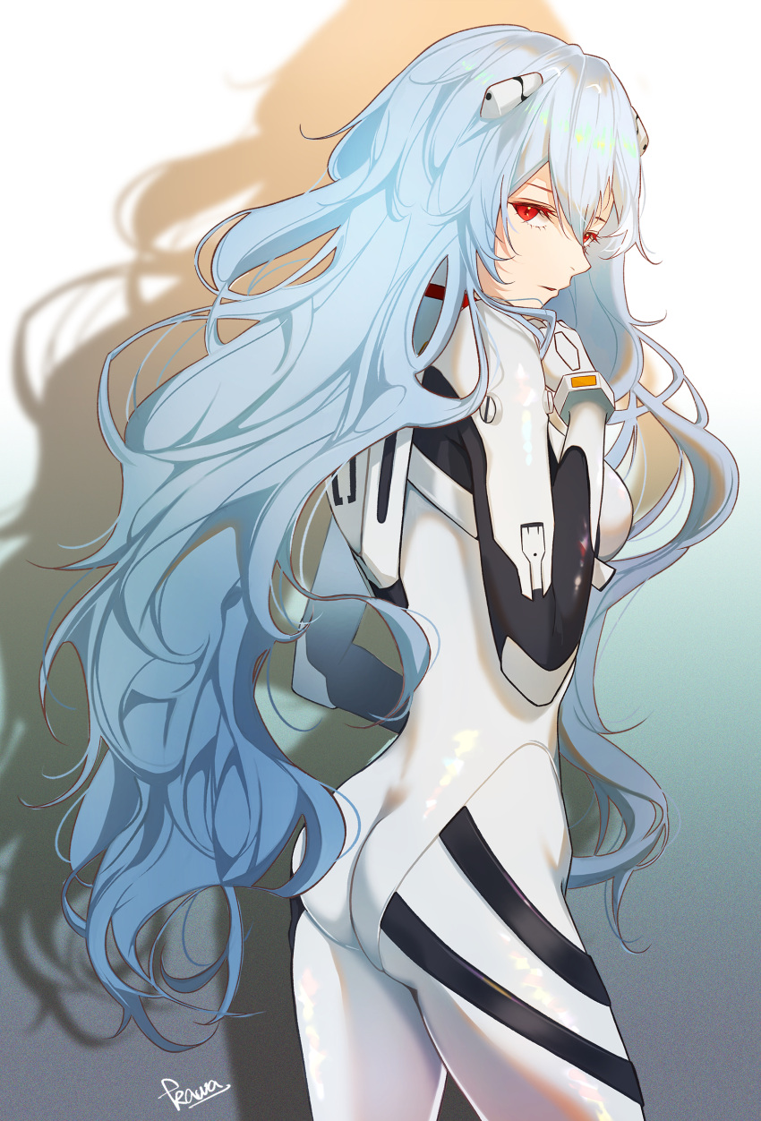 1girl absurdres ayanami_rei behind_back blue_hair bodysuit breasts cowboy_shot hair_between_eyes hair_ornament highres interface_headset kawausoman long_hair medium_breasts neon_genesis_evangelion plugsuit red_eyes simple_background solo white_bodysuit