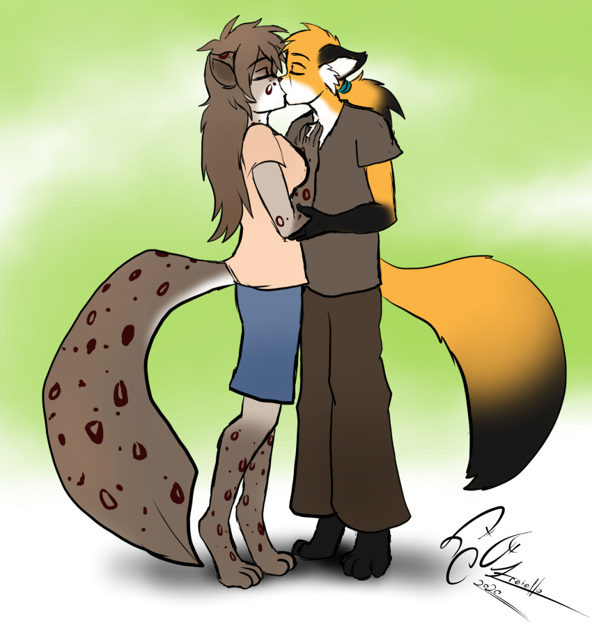 2020 accessory anthro canid canine clothed clothing colored_sketch dekaisen digitigrade dipstick_tail duo eyes_closed female fluffy fluffy_tail fox fully_clothed hair hair_accessory hairband hand_on_chest hi_res hybrid kathrin_vaughan keidran kissing long_hair male male/female mammal markings mike_(twokinds) signature sketch spots tail_markings twokinds webcomic
