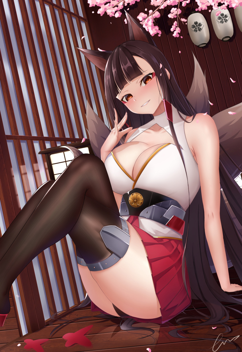 1girl absurdres akagi_(azur_lane) animal_ears azur_lane bare_shoulders blouse breasts brown_hair brown_legwear brown_tail cherry_blossoms cleavage cleavage_cutout clothing_cutout crossed_legs error1945 feet_out_of_frame fox_ears fox_tail highres indoors kitsune large_breasts long_hair looking_at_viewer metal_belt miniskirt multiple_tails petals pleated_skirt red_eyeliner red_eyes red_skirt sakura_empire_(emblem) sakuramon signature sitting skirt sleeveless_blouse smile solo tail teeth thighhighs very_long_hair white_blouse wooden_floor