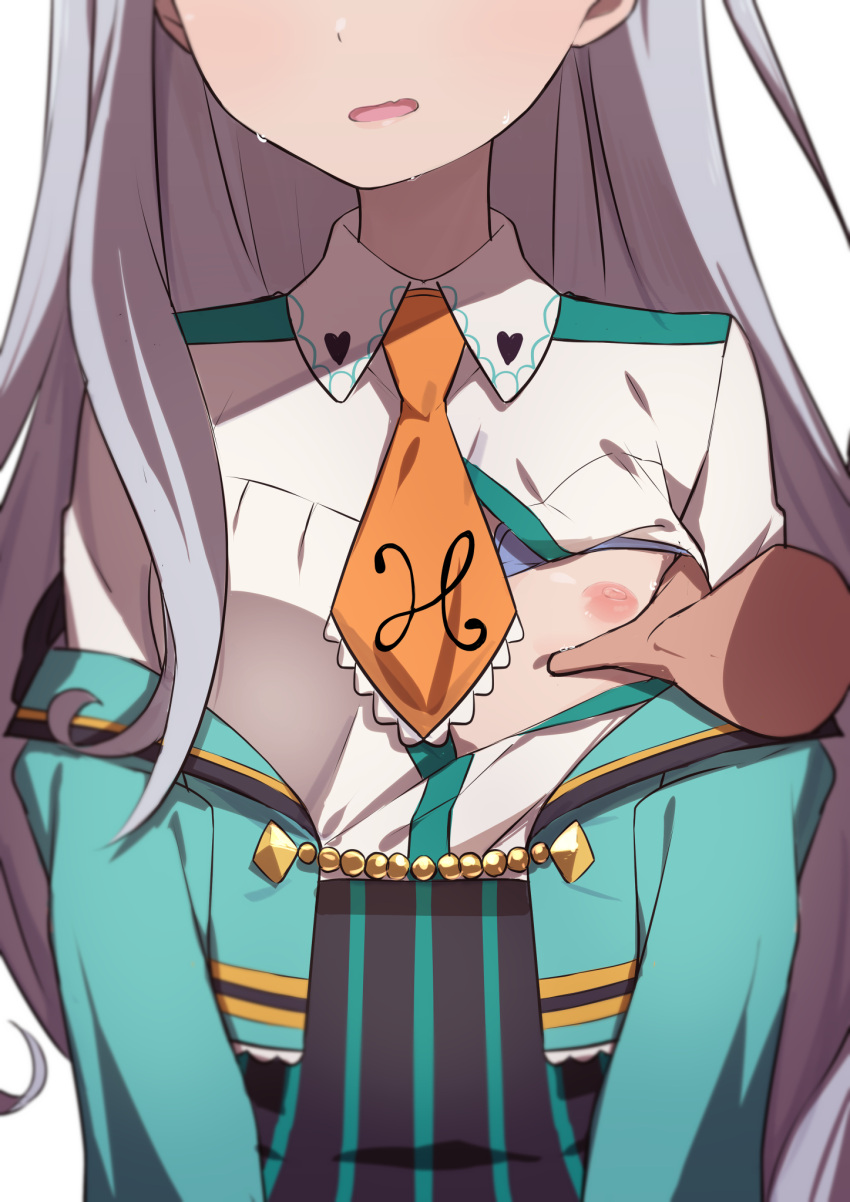 1girl breast_grab disembodied_limb grabbing head_out_of_frame highres kujou_saaya long_hair morisobo necktie nipples no_bra one_breast_out open_mouth raramagi silver_hair simple_background white_background