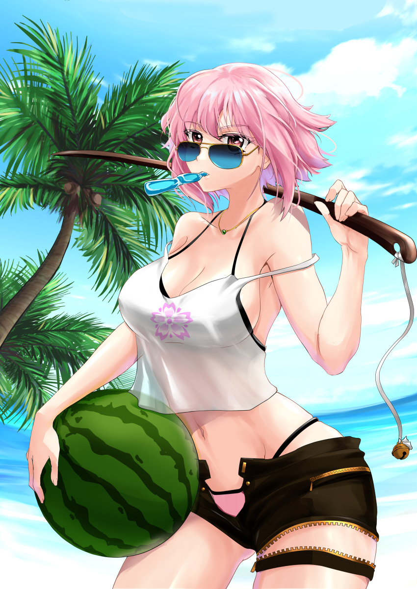 1girl absurdres alchemy_stars alt3r bare_arms bare_shoulders black_shorts blue_sky bokken breasts camisole cleavage cloud coconut_tree commentary cowboy_shot crop_top day english_commentary food fruit highres hiiro_(alchemy_stars) holding holding_sword holding_weapon jewelry large_breasts midriff mouth_hold navel necklace open_fly over_shoulder palm_tree pink_eyes pink_hair short_hair short_shorts shorts sky solo spaghetti_strap standing stomach strap_slip sunglasses sword thighs tree water watermelon weapon weapon_over_shoulder wooden_sword