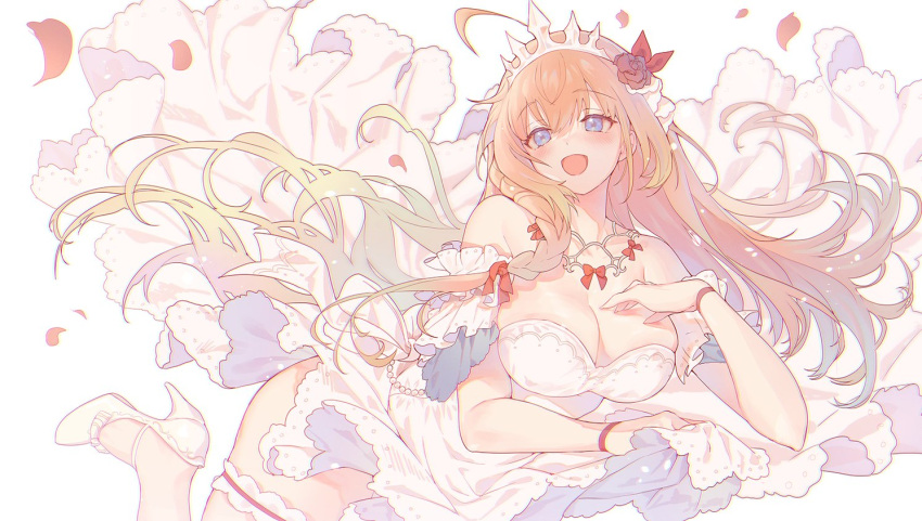 :d ahoge bangs bare_shoulders blue_eyes blush bow breasts character_name cleavage collarbone diadem dress eyebrows_visible_through_hair flower frills hair_between_eyes hair_flower hair_ornament high_heels holding long_hair looking_at_viewer open_mouth orange_hair pecorine_(princess_connect!) petals princess_connect! red_bow red_flower shoes simple_background smile thigh_strap torano upper_body white_background white_dress white_footwear wind