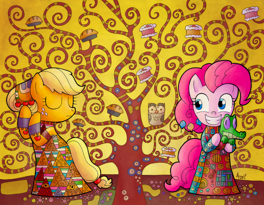 2013 accessory agnes_garbowska alligator alligatorid apple_pie applejack_(mlp) armband avian bird blonde_hair blue_eyes cake carrying clothing crocodilian dessert detailed_background dress earth_pony equid equine eyes_closed female feral food freckles friendship_is_magic group gummy_(mlp) hair hair_accessory headdress horse inspired_by_formal_art looking_at_another mammal my_little_pony orange_body outside owl pie pink_body pink_hair pinkie_pie_(mlp) plant pony pose purple_eyes reptile scalie signature smile standing tree