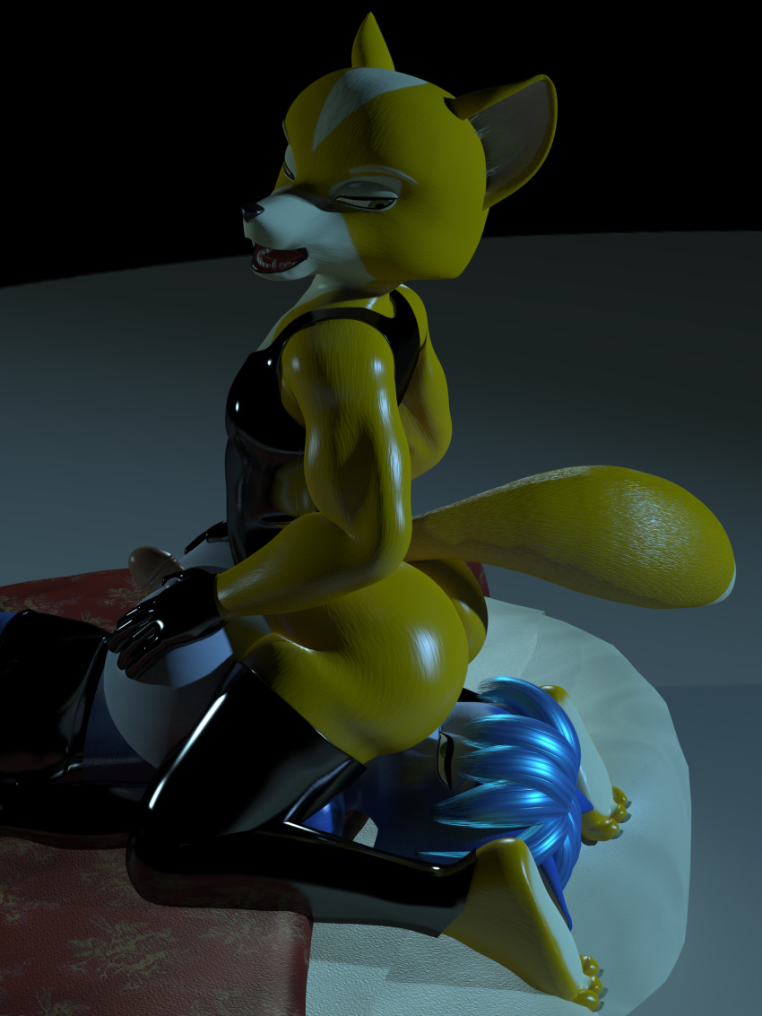absurd_res anthro canid canine duo facesitting female fox fox_mccloud hi_res krystal latex male male/female mammal mostly_nude muscular muscular_male nintendo rubber star_fox themeshow101 video_games