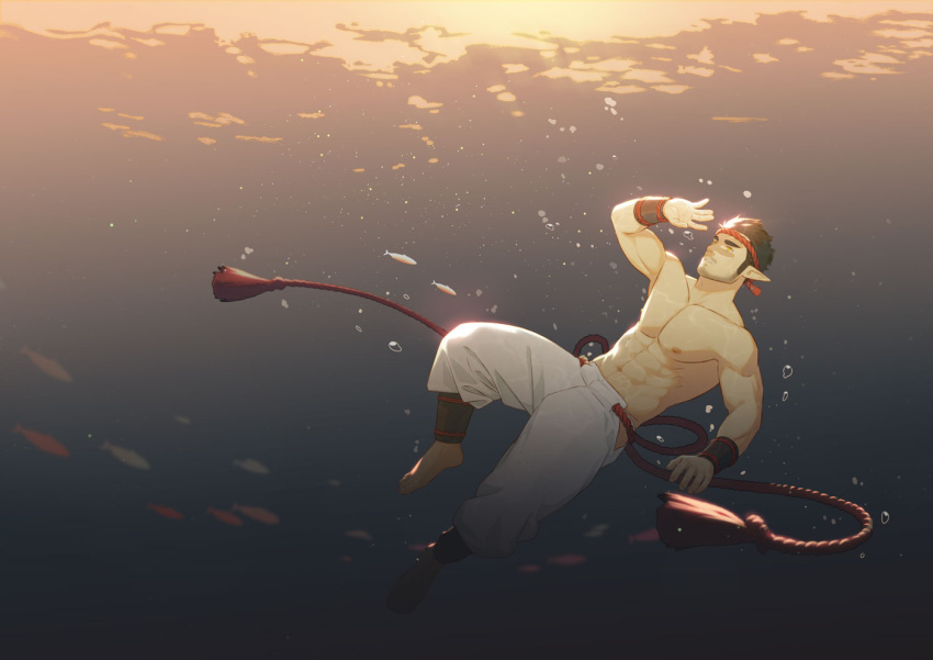 1boy abs armpits bara belt biceps black_hair bubble facial_hair fish gauntlets headband koji_(wildlhz) male_focus manly muscular muscular_male nipples no_male_underwear ocean original pants pectorals pointy_ears robe solo stubble sunset topless topless_male underwater water yellow_eyes