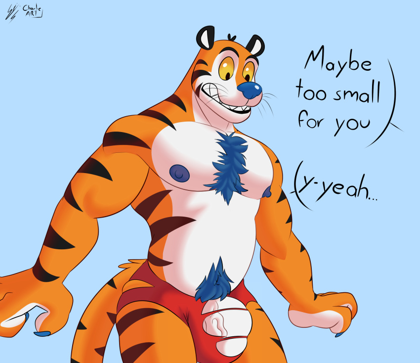 anthro blue_nose charlieleobo clothing dialogue digital_media_(artwork) erection felid frosted_flakes genitals hairy hi_res humanoid_genitalia kellogg's male male/male mammal mascot muscular muscular_anthro muscular_male nipples nude pantherine pecs penis simple_background solo tiger tony_the_tiger torn_clothing