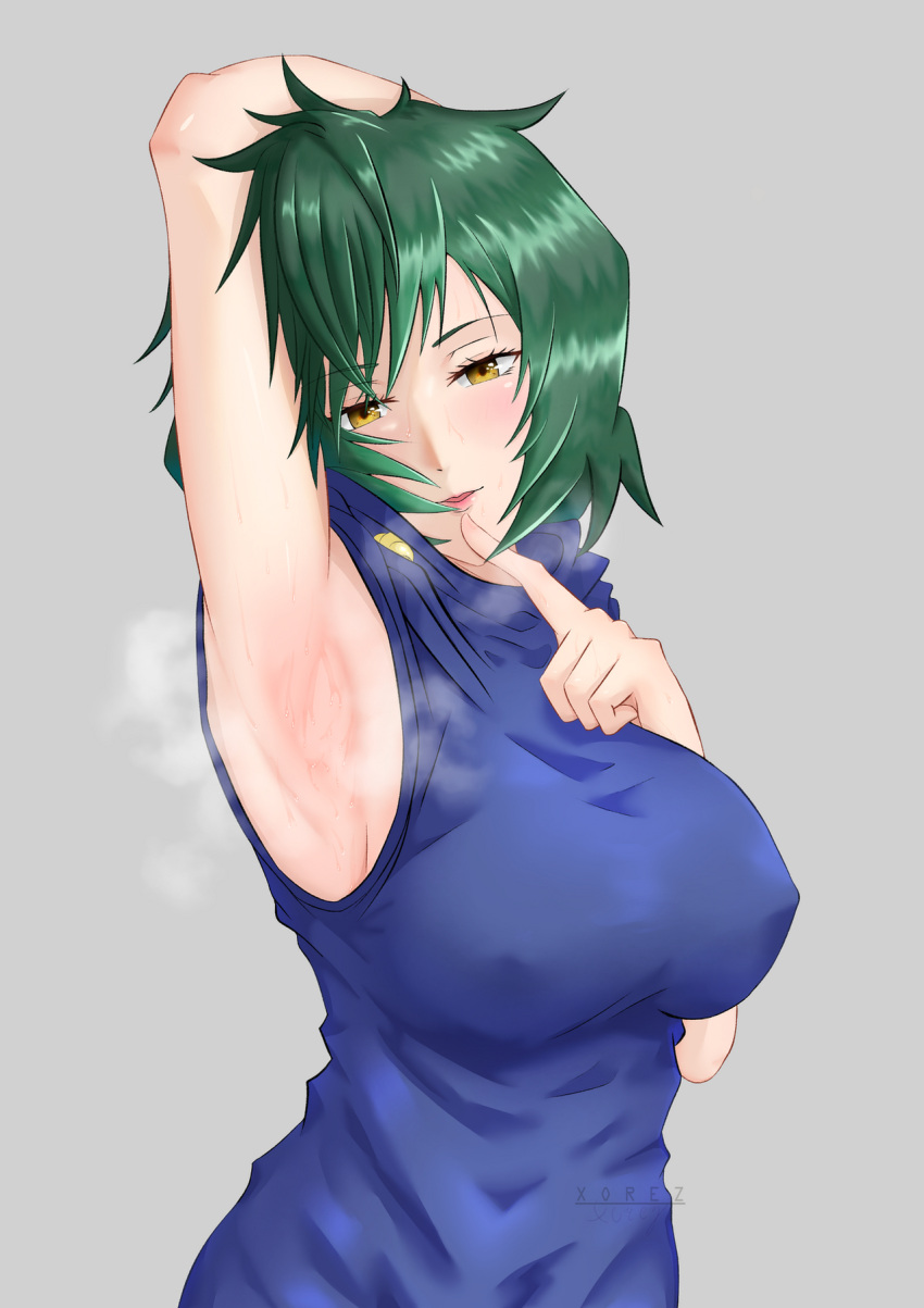 1girl armpits bangs blue_dress breasts curvy dress finger_to_mouth green_hair grey_background highres jujutsu_kaisen lips looking_at_viewer messy_hair nipples presenting_armpit sideboob sidelocks simple_background sleeveless sleeveless_dress steam sweat wet xorezart yellow_eyes zen'in_mai