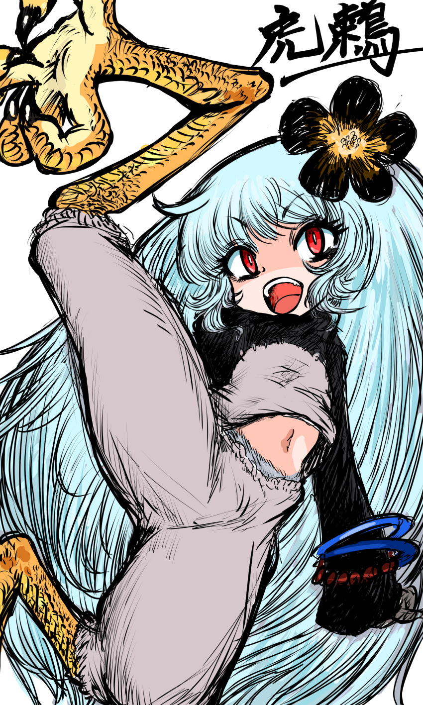 1girl absurdres bangs bird_legs black_flower blue_hair bracelet commentary_request eyebrows_visible_through_hair flower hair_flower hair_ornament harpy highres jewelry long_hair monster_girl navel olsa_(oftintys) open_mouth original pants red_eyes simple_background talons toratsugumi translation_request very_long_hair white_background