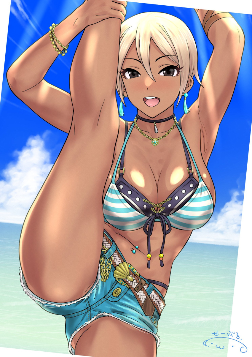 1girl :d armpits arms_up beach belt bikini black_eyes blonde_hair blue_shorts blue_sky bracelet breasts choker cleavage cloud collarbone cutoffs dark-skinned_female dark_skin day denim denim_shorts dutch_angle earrings flexible hair_between_eyes highres idolmaster idolmaster_cinderella_girls jewelry kneepits large_breasts layered_bikini leg_lift leg_up looking_at_viewer navel navel_piercing necklace ocean open_mouth outdoors piercing shiomi_syuko short_hair short_shorts shorts sky smile solo split standing standing_on_one_leg standing_split striped striped_bikini suna swimsuit tan water