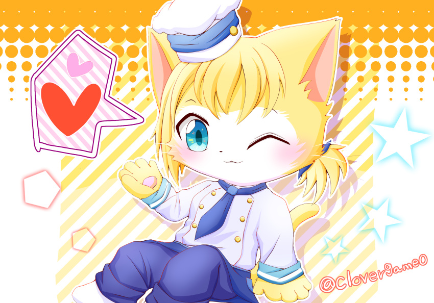 &lt;3 anthro blue_eyes cat_busters chef chef_hat chef_uniform clothed clothing clovergame0 domestic_cat felid feline felis female fully_clothed fur hat headgear headwear hi_res mammal one_eye_closed solo star white_body white_fur yellow_body yellow_fur