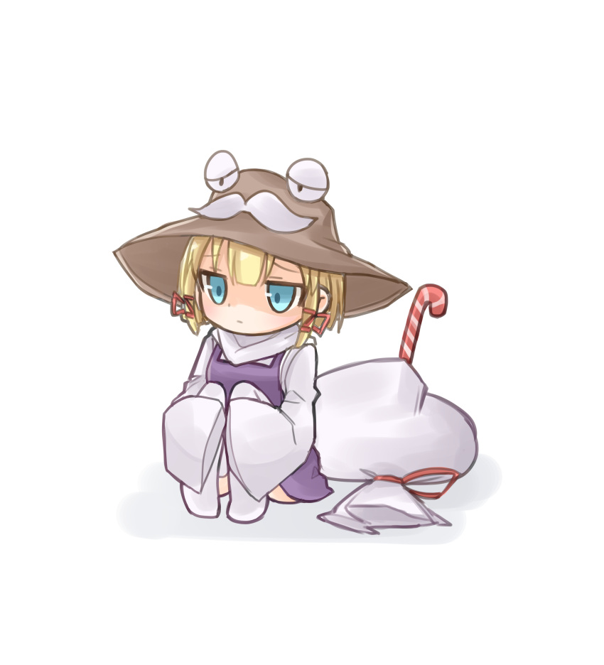 1girl absurdres bag bangs blonde_hair blue_eyes blunt_bangs candy candy_cane chibi facial_hair food hair_ribbon hat highres jitome knees_to_chest knees_up long_sleeves moriya_suwako mustache pyonta ribbon sad shiki_karin simple_background sleeves_past_fingers sleeves_past_wrists solo touhou vest white_background wide_sleeves