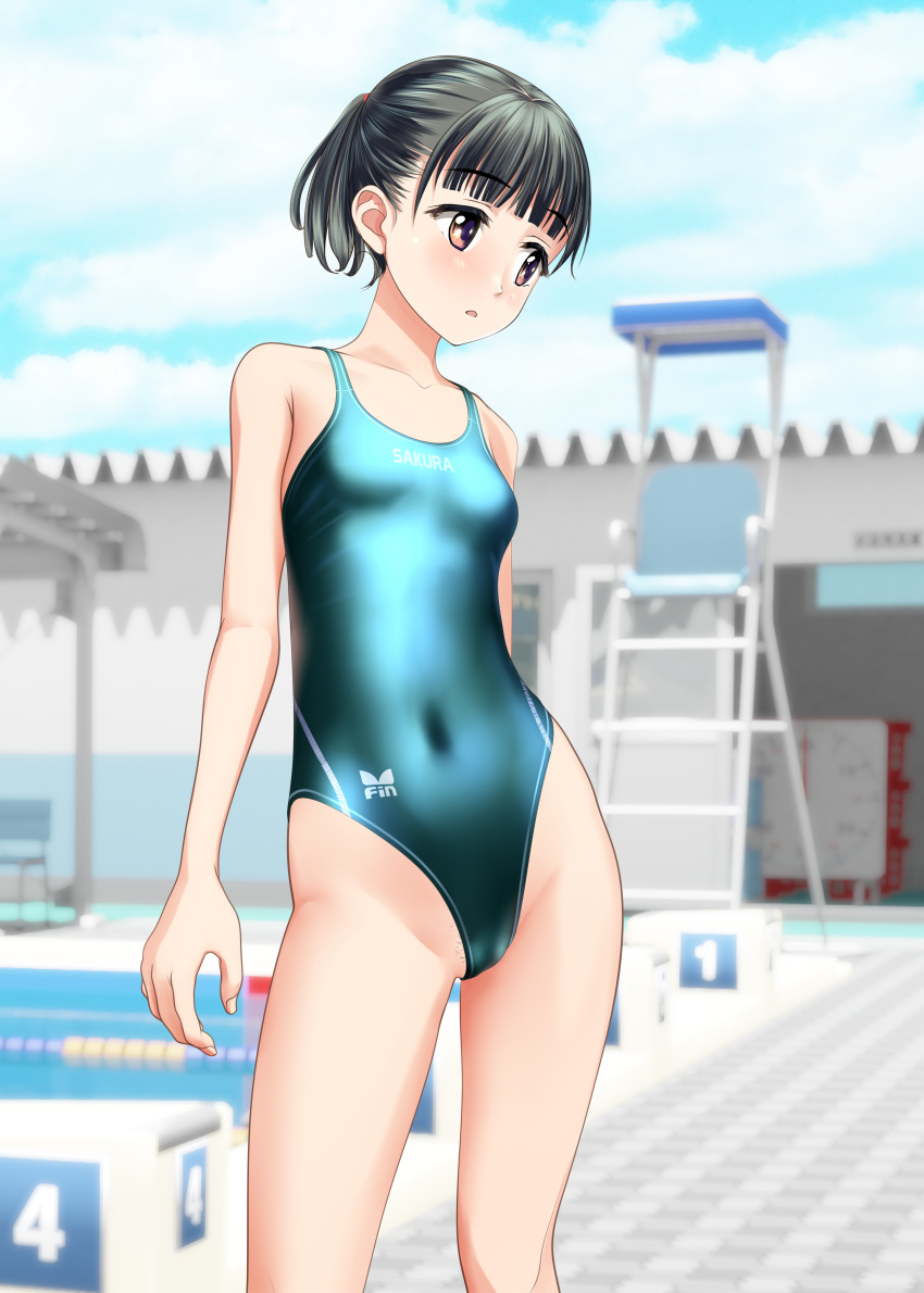 1girl absurdres aqua_swimsuit black_hair blue_sky brown_eyes cameltoe clothes_writing cloud commentary_request competition_swimsuit contrapposto cowboy_shot day facial_hair half_updo highres lifeguard_chair looking_to_the_side one-piece_swimsuit original outdoors pubic_stubble short_hair sky solo standing stubble swimsuit takafumi