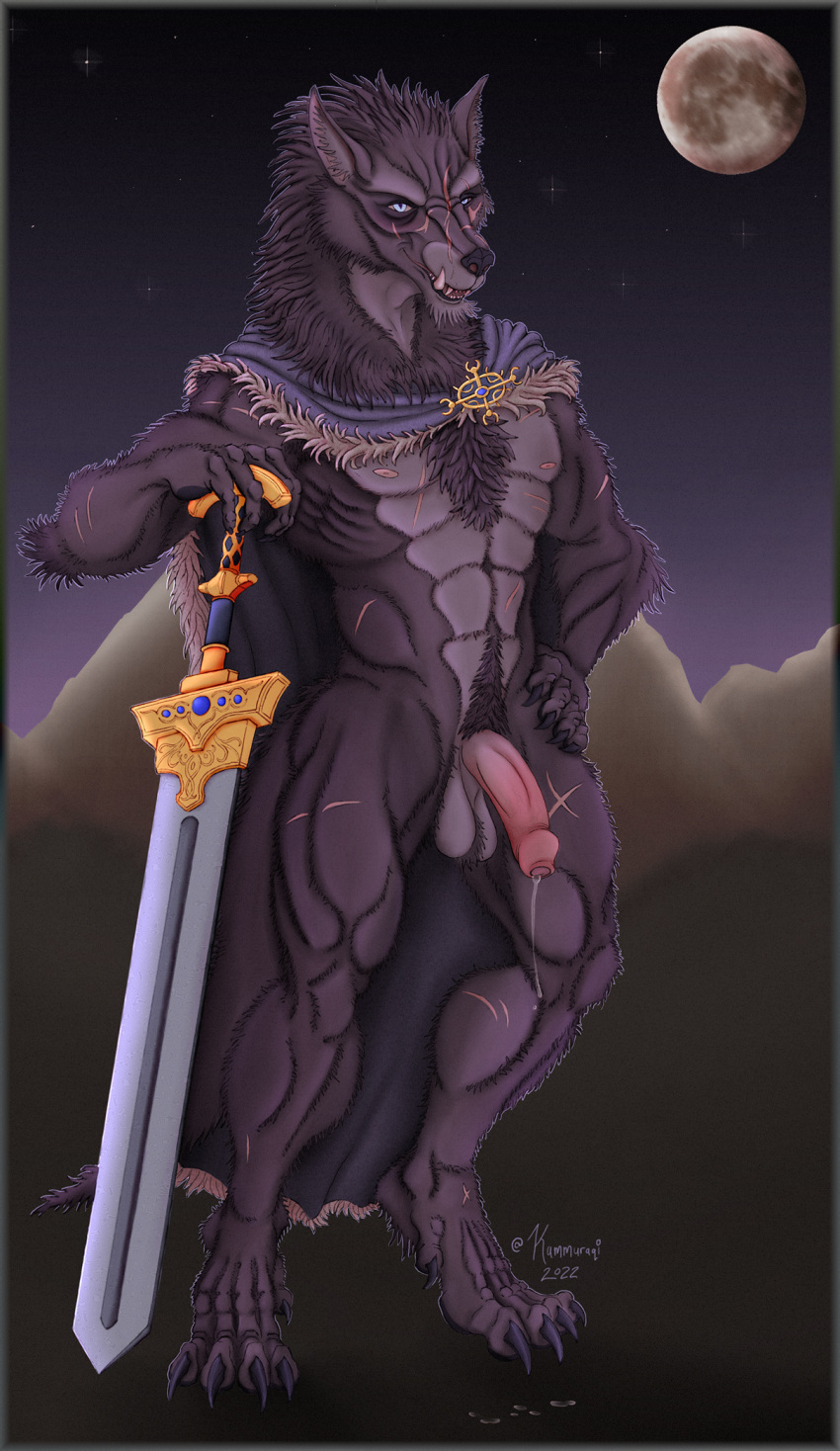 anthro ball_tuft balls blaidd_(elden_ring) blue_eyes blush bodily_fluids brown_body brown_fur canid canine canis cape chest_tuft clothed clothing dripping elden_ring flaccid foreskin fur genital_fluids genitals greatsword half-erect hand_on_hip hand_on_sword hi_res humanoid_genitalia humanoid_penis kammuraqi male mammal melee_weapon moon muscular night nipples partially_clothed partially_retracted_foreskin penis precum precum_drip precum_string scar simple_background sky solo star sword tuft vein veiny_penis weapon wolf