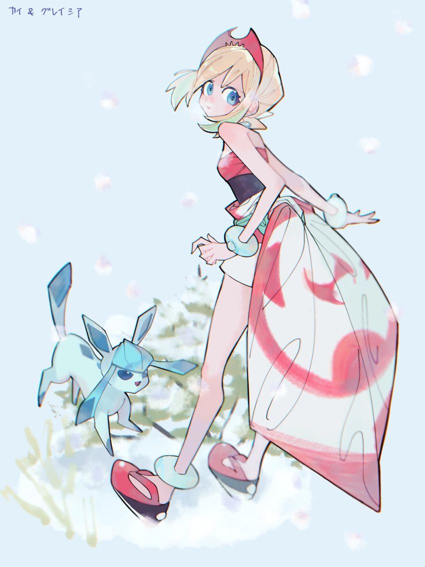 1girl anklet bangs blonde_hair blue_eyes bracelet character_name commentary_request eyelashes glaceon grey_background hairband highres irida_(pokemon) jewelry looking_at_viewer medium_hair pokemon pokemon_(creature) pokemon_(game) pokemon_legends:_arceus puriko_(mettyaunk) red_footwear red_hairband red_shirt sash shirt shoes shorts snow snowing waist_cape white_shorts