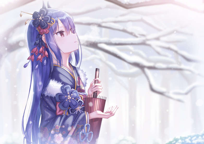 1girl bangs blue_hair blush breasts commentary_request demon_horns eyebrows_visible_through_hair hair_ornament highres horns japanese_clothes kimono long_hair looking_up official_alternate_costume outdoors princess_connect! rei_(princess_connect!) snowing solo yonji_jukugo