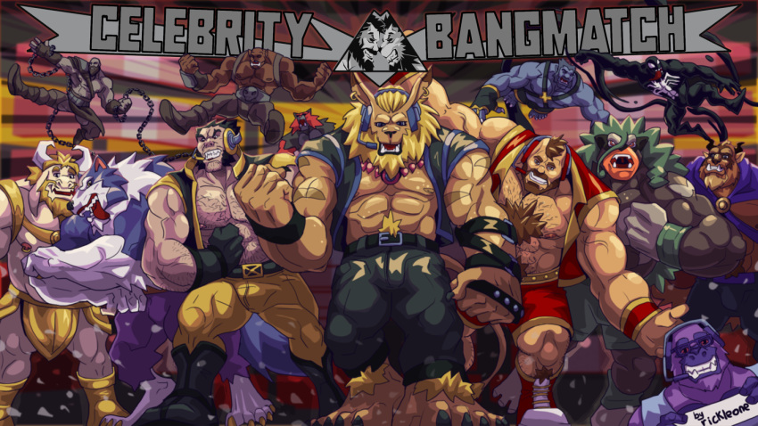 armpit_hair asgore_dreemurr bandai_namco barazoku beast_(disney) bodily_fluids body_hair capcom celebrity_bangmatch chest_hair comic darkstalkers digimon digimon_(species) garrosh_hellscream group hank_mccoy himbo jon_talbain leomon male male/male muscular nintendo pok&eacute;mon pok&eacute;mon_(species) rickleone rillaboom sweat undertale_(series) venom video_games wolverine_(marvel)