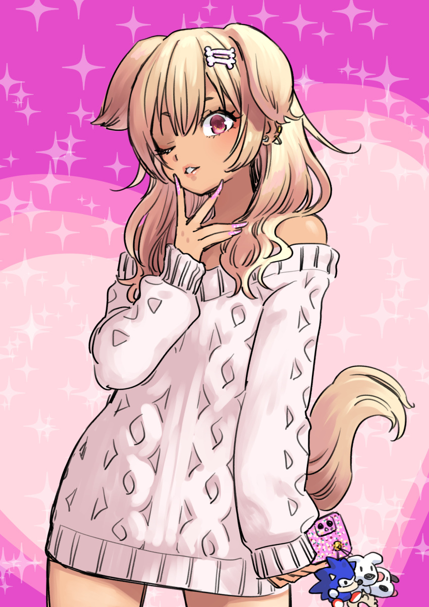 1girl alternate_costume alternate_hair_color alternate_hairstyle alternate_skin_color animal_ears blonde_hair bone_hair_ornament cellphone cellphone_charm charm_(object) dog_ears dog_girl dog_tail earrings fingernails gyaru hair_ornament heart highres holding holding_phone hololive inugami_korone jewelry long_fingernails long_hair multiple_earrings nail_polish one_eye_closed phone pink_background pink_nails red_eyes sabaku_chitai smartphone solo sonic_the_hedgehog sweater tail tan