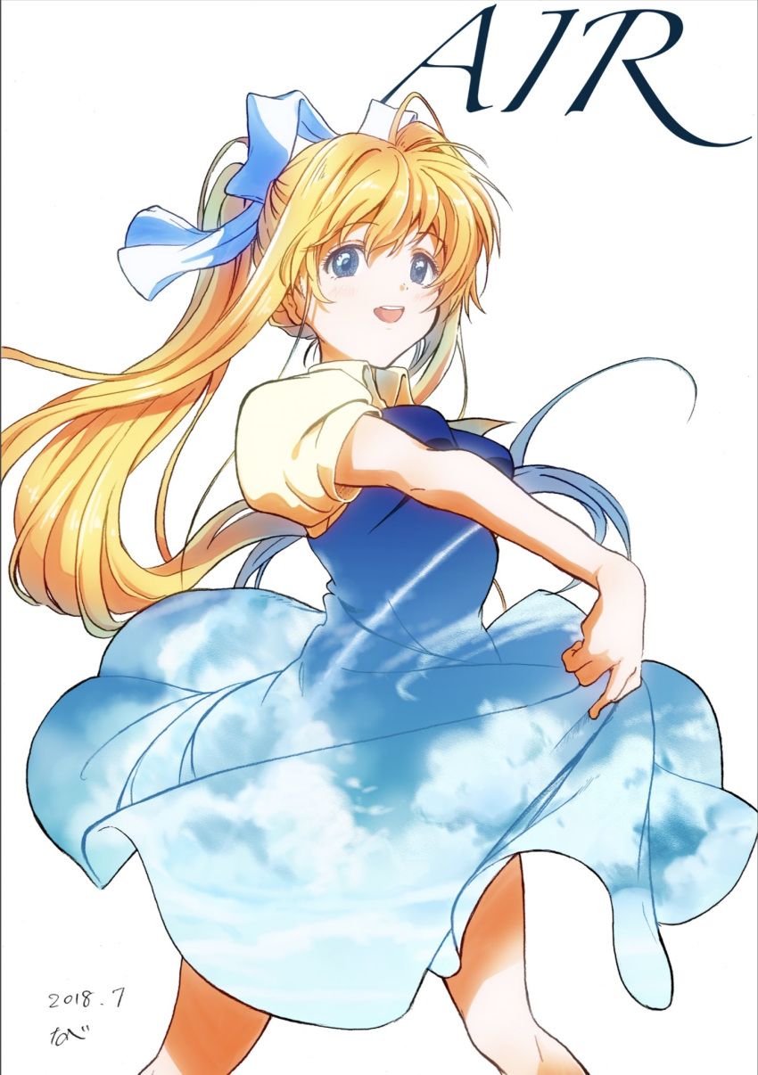 1girl air blonde_hair blue_eyes breasts cloud copyright_name dated dress hair_ribbon highres kamio_misuzu long_hair looking_at_viewer nabeta_(currynabe) open_mouth ribbon school_uniform simple_background sky smile solo very_long_hair white_background