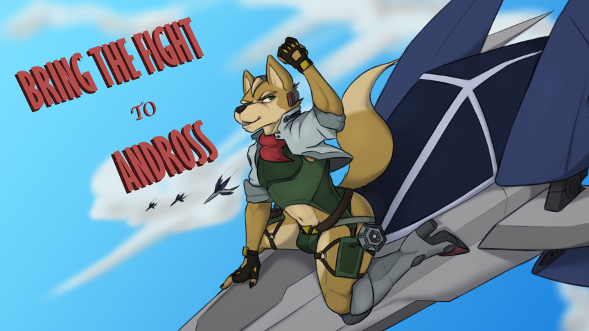 16:9 absurd_res anthro armor arwing boots bulge canid canine clothing english_text footwear fox fox_mccloud hi_res high_heeled_boots high_heels jockstrap male mammal marcofox navel neckerchief nintendo pinup pose riding solo star_fox straps text unconvincing_armor underwear video_games wide_hips widescreen