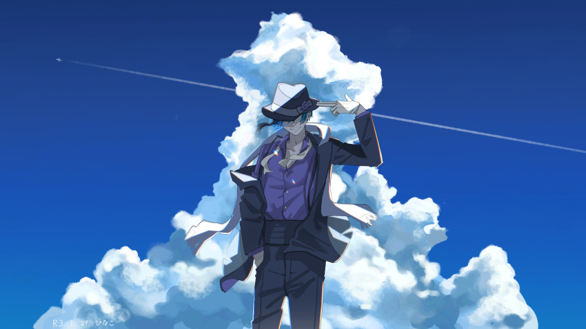 1boy absurdres aircraft airplane backlighting black_hair black_headwear black_jacket black_pants blue_hair blue_sky bow cloud collared_shirt contrail covered_eyes day dress_shirt facing_viewer finger_gun floyd_leech gloves hand_in_pocket hand_up hat hat_bow hat_over_eyes highres hinako_95 jacket long_sleeves male_focus multicolored_hair necktie off_shoulder open_clothes open_jacket pants purple_shirt scarf shirt short_hair sky smile smirk solo standing streaked_hair twisted_wonderland untied white_gloves white_necktie white_scarf wind