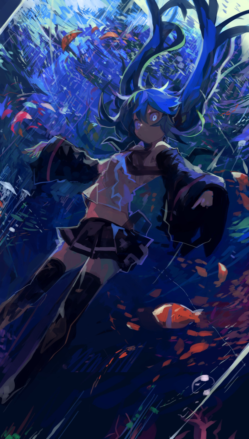 1girl absurdres bangs bare_shoulders black_footwear black_skirt blue_eyes blue_hair boots bubble closed_mouth clownfish detached_sleeves feet_out_of_frame floating_hair hair_between_eyes hatsune_miku highres kaamin_(mariarose753) long_hair long_sleeves looking_ahead midriff pleated_skirt shirt single_horizontal_stripe skirt sleeveless sleeveless_shirt sleeves_past_wrists solo thigh_boots thighhighs twintails underwater very_long_hair vocaloid white_shirt zettai_ryouiki