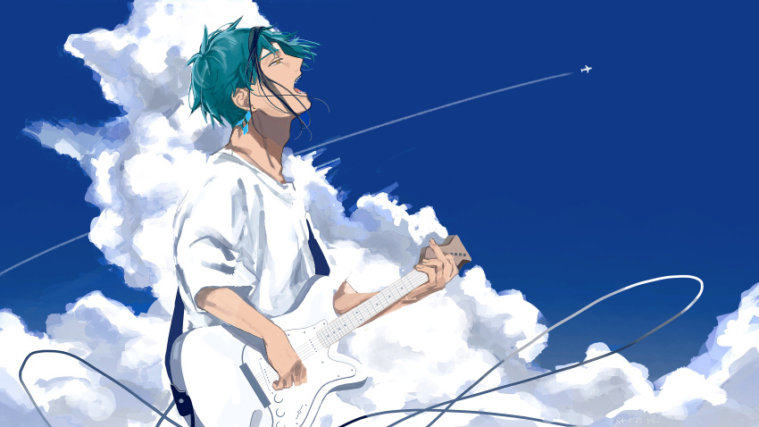 1boy absurdres aircraft airplane bangs black_hair blue_hair blue_sky cable cloud contrail day earrings electric_guitar floyd_leech from_side guitar highres hinako_95 instrument jewelry looking_away male_focus multicolored_hair music open_mouth playing_instrument profile sharp_teeth shirt short_hair short_sleeves singing sky solo streaked_hair t-shirt teeth twisted_wonderland upper_body white_shirt yellow_eyes