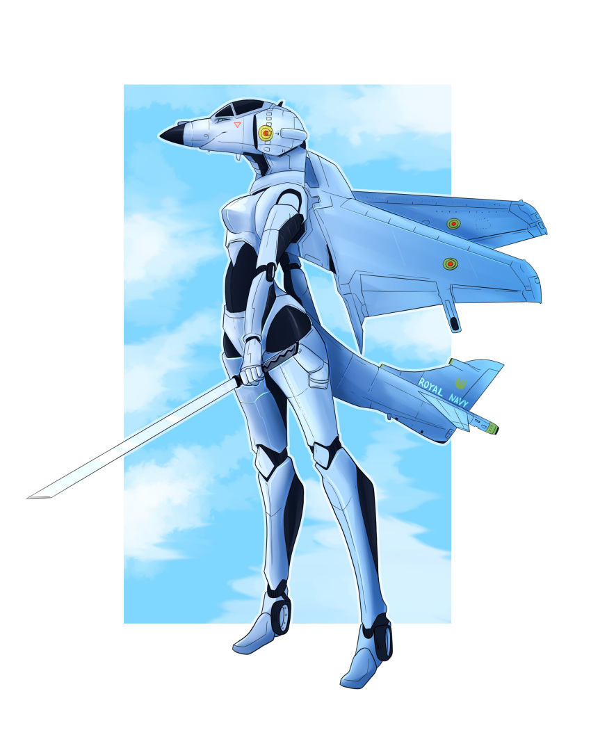 2022 3apa3a absurd_res aircraft anthro breasts cloud female harrier hi_res living_aircraft living_machine living_vehicle machine melee_weapon nude sky solo standing sword united_kingdom vehicle weapon white_body