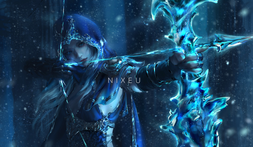 1girl aiming arrow_(projectile) artist_name ashe_(league_of_legends) blue_eyes blurry blurry_background bow_(weapon) breasts cape cleavage commentary depth_of_field drawing_bow english_commentary expressionless fingerless_gloves gloves highres holding holding_bow_(weapon) holding_weapon hood ice league_of_legends long_hair mixed-language_commentary mole nixeu silver_hair silver_trim small_breasts snow snowing solo standing weapon wind