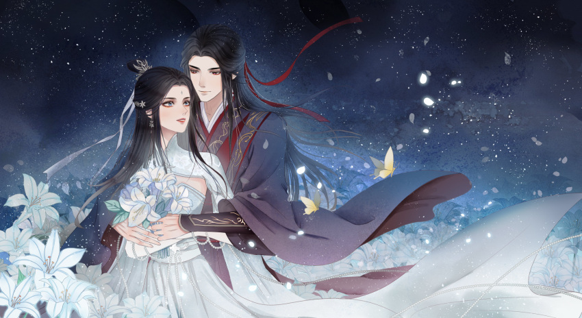 1boy 1girl black_clothes black_hair dress flower highres hug hug_from_behind long_hair lu_xueqi_(zhu_xian) lu_xueqi_tongren_ye night petals smile weibo_id white_dress zhu_xian