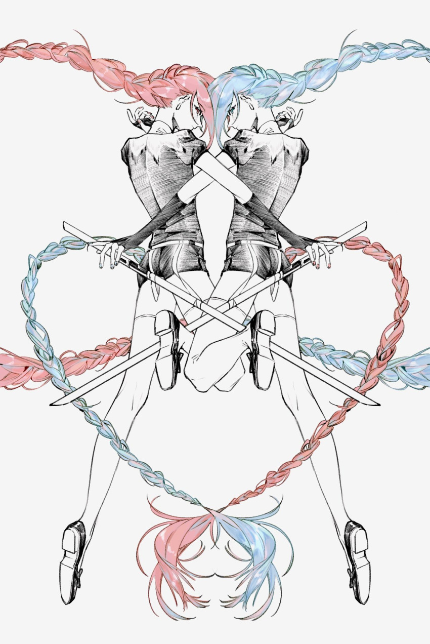 2others absurdly_long_hair aquamarine_(houseki_no_kuni) belt blue_eyes blue_hair blue_nails braid braided_ponytail character_request check_character commentary_request face-to-face fingerless_gloves from_behind full_body gem_uniform_(houseki_no_kuni) gloves hand_up highres holding holding_sword holding_weapon houseki_no_kuni leg_up long_hair looking_at_viewer looking_back morganite_(houseki_no_kuni) multiple_others other_focus partially_colored plantar_flexion profile red_eyes red_hair red_nails shiorondo shoe_soles short_sleeves shorts siblings simple_background single_braid sword symmetrical_pose thighhighs twins very_long_hair weapon