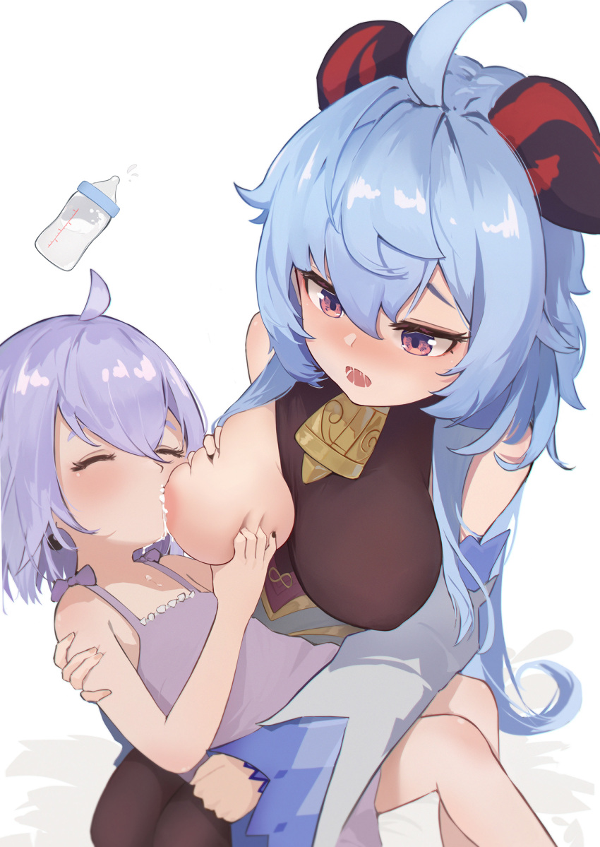 2girls ahoge baby_bottle bangs bare_shoulders bell black_nails blue_hair bodystocking bottle bow breast_grab breast_milk breast_squeeze breast_sucking breastfeeding breasts brown_bodysuit brown_leotard camisole commentary_request cowbell curled_horns detached_sleeves fingernails from_above ganyu_(genshin_impact) genshin_impact goat_horns gold_trim grabbing hair_between_eyes highres holding_person horns lactation large_breasts leotard leotard_under_clothes light_blush long_hair looking_at_another low_ponytail luma_li lying lying_on_person multiple_girls neck_bell on_back on_person one_breast_out open_mouth purple_bow purple_camisole purple_eyes qiqi_(genshin_impact) saliva simple_background sitting white_background white_sleeves