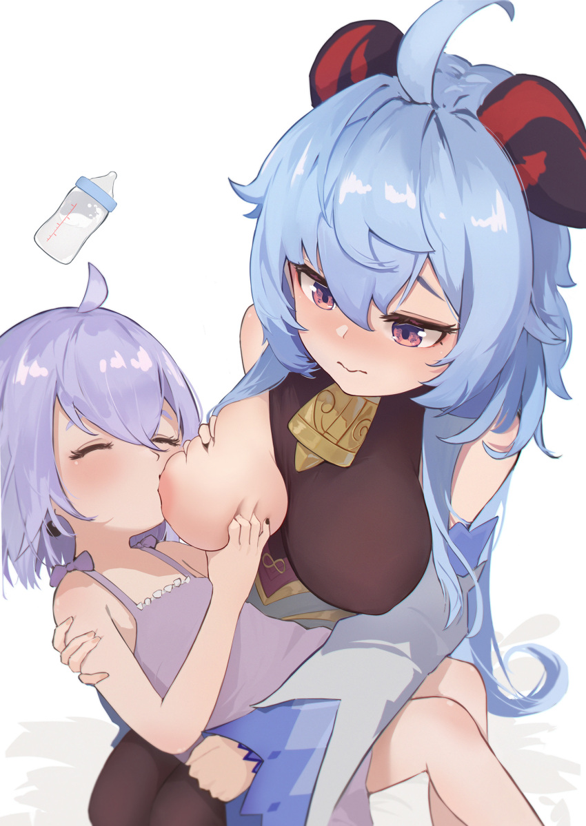 2girls ahoge baby_bottle bangs bare_shoulders bell black_nails blue_hair bodystocking bottle bow breast_grab breast_squeeze breast_sucking breastfeeding breasts brown_bodysuit brown_leotard camisole closed_mouth commentary_request cowbell curled_horns detached_sleeves fingernails from_above ganyu_(genshin_impact) genshin_impact goat_horns gold_trim grabbing hair_between_eyes highres holding_person horns lactation large_breasts leotard leotard_under_clothes light_blush long_hair looking_at_another low_ponytail luma_li lying lying_on_person multiple_girls neck_bell on_back on_person one_breast_out purple_bow purple_camisole purple_eyes qiqi_(genshin_impact) simple_background sitting white_background white_sleeves