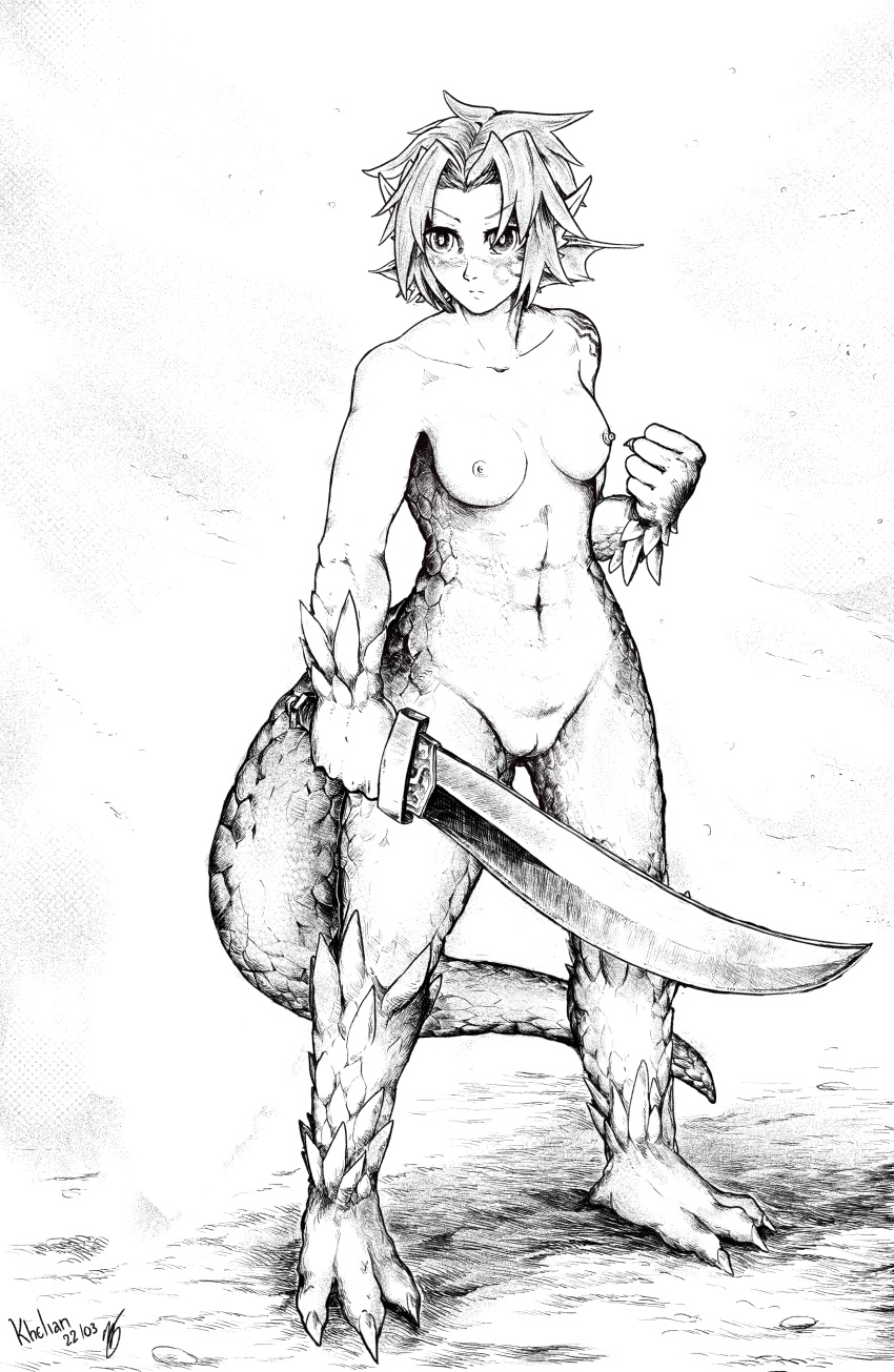 1girl absurdres animal_ears barefoot breasts dragon_girl dragon_tail granberia hair_ornament highres khelian mon-musu_quest! monster_girl muscular muscular_female nude pointy_ears pussy scales short_hair smile solo sword tail tattoo tomboy weapon