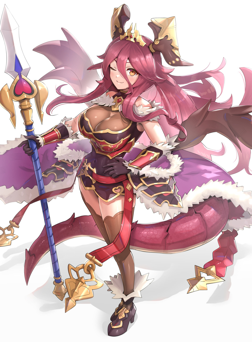 2022 absurd_res animal_humanoid big_breasts blush breasts brunhilda_(dragalia_lost) clothed clothing cygames dragalia_lost dragon dragon_humanoid female gonzarez1938 hi_res humanoid looking_at_viewer mym_(dragalia_lost) nintendo one_eye_closed solo video_games