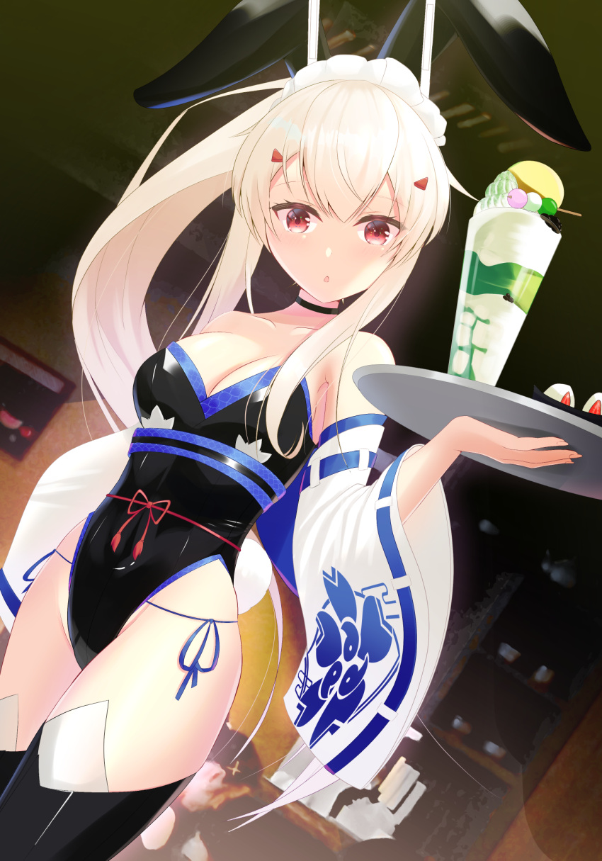 1girl alternate_costume animal_ears ayanami_(azur_lane) azur_lane black_choker black_legwear blonde_hair breasts choker cleavage detached_sleeves dutch_angle fake_animal_ears headgear highres holding holding_tray leotard looking_at_viewer medium_breasts panties playboy_bunny ponytail rabbit_ears red_eyes sakura_empire_(emblem) side-tie_panties solo strapless strapless_leotard tako-san_wiener_(takosanuma) thighhighs tray underwear wide_sleeves