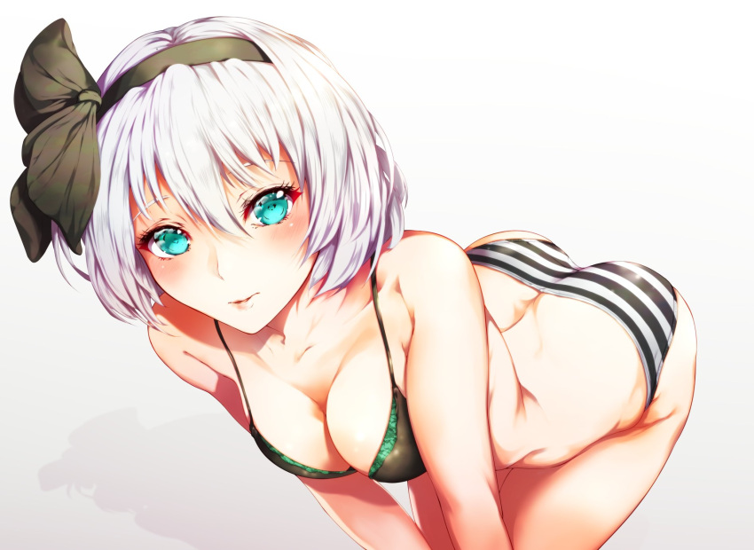 1girl aqua_eyes black_bow black_hairband black_ribbon bob_cut bow bra breasts hair_ribbon hairband highres konpaku_youmu lips mayonaka_taruho panties ribbon short_hair silver_hair simple_background small_breasts smile solo striped striped_panties touhou underwear white_background