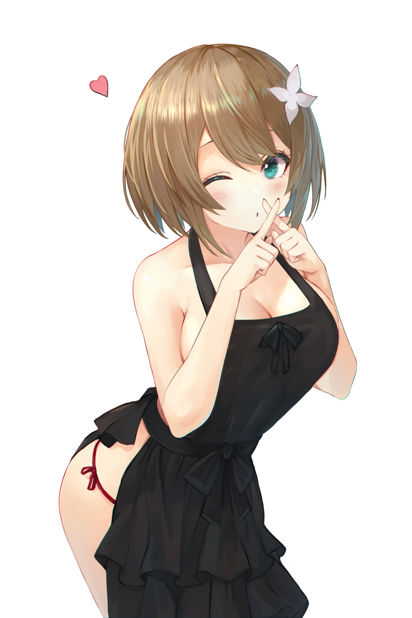 1girl absurdres aogiri_koukou_game_club apron aqua_eyes bangs black_apron blush breasts brown_hair cleavage cowboy_shot hair_ornament heart highres kkix25 kurikoma_komaru large_breasts leaning_forward looking_at_viewer no_bra one_eye_closed panty_straps parted_lips short_hair solo standing transparent_background virtual_youtuber x_fingers