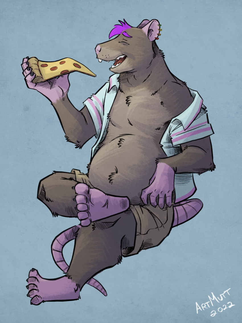 2022 anthro belly bottomwear clothed clothing eyes_closed food hi_res humanoid_hands k-9 male mammal murid murine open_clothing open_shirt open_topwear pink_nose pizza pizza_slice rat rodent shirt shorts simple_background sitting slightly_chubby solo topwear