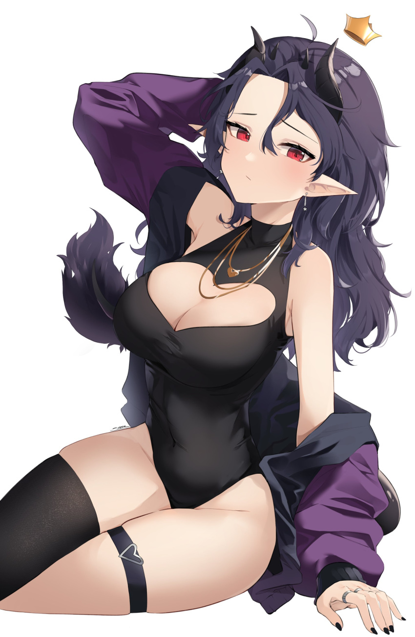 1girl absurdres ahoge arm_up armpits bare_shoulders black_hair black_legwear black_leotard breasts cleavage cleavage_cutout clothing_cutout covered_navel crown demon_girl demon_horns frown heart_cutout highres horns indie_virtual_youtuber jacket jewelry large_breasts leotard long_hair looking_at_viewer mini_crown nail_polish necklace off_shoulder open_clothes open_jacket pointy_ears purple_jacket red_eyes ring single_thighhigh sitting solo steeb thigh_strap thighhighs thighs virtual_youtuber