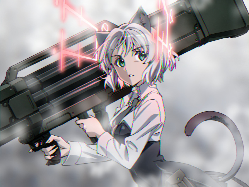 1girl animal_ears bangs black_dress black_necktie cat_ears cat_tail cloud collared_dress commentary dress eyebrows_visible_through_hair from_side frown green_eyes highres hirschgeweih_antennas holding holding_weapon kogarashi51 long_sleeves looking_at_viewer necktie parted_lips rocket_launcher sanya_v._litvyak short_hair silver_hair solo standing star_(symbol) strike_witches tail weapon world_witches_series