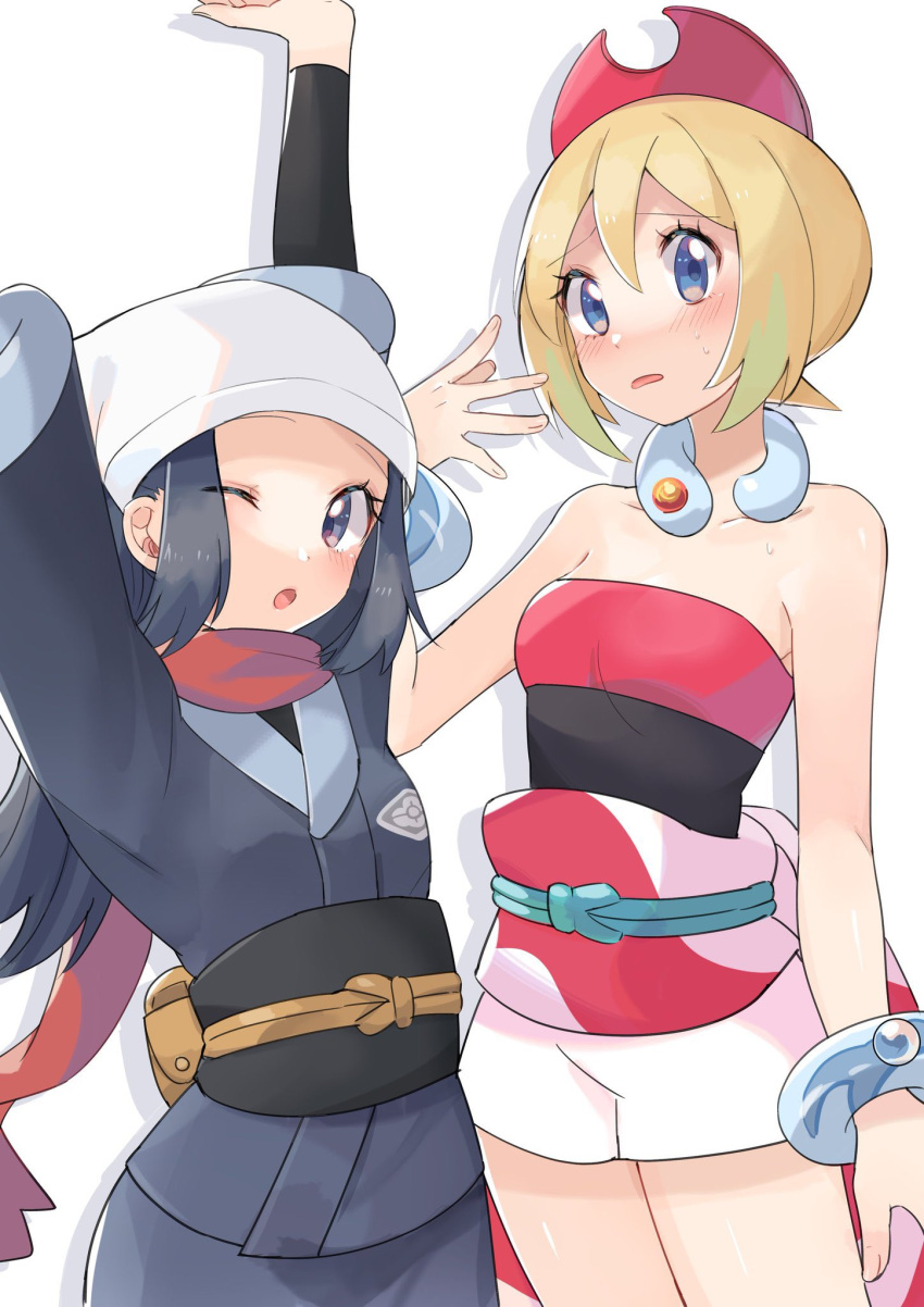 2girls ;o akari_(pokemon) arm_up bangs black_hair black_sash black_shirt blonde_hair blue_eyes blush bracelet collar collarbone commentary_request eyelashes grey_eyes grey_jacket grey_skirt hair_between_eyes hairband hand_up head_scarf highres irida_(pokemon) jacket jewelry long_hair multiple_girls one_eye_closed open_mouth pokemon pokemon_(game) pokemon_legends:_arceus raised_eyebrows red_hairband red_shirt ririmon sash shirt short_hair shorts sidelocks skirt strapless strapless_shirt stretch sweat tongue waist_cape white_headwear white_shorts