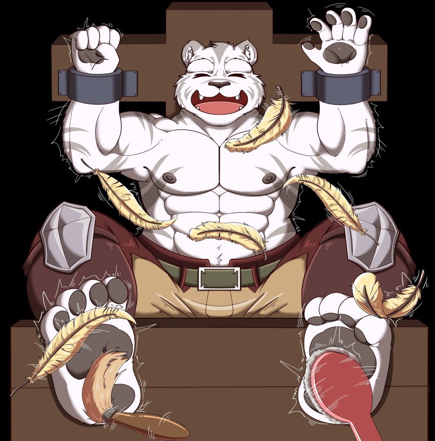 absurd_res aciag animal_humanoid bound brush chain feathers felid felid_humanoid feral hi_res humanoid male mammal mammal_humanoid mercenary_(character) muscular muscular_male nipples pantherine pantherine_humanoid solo tickling tiger tiger_humanoid