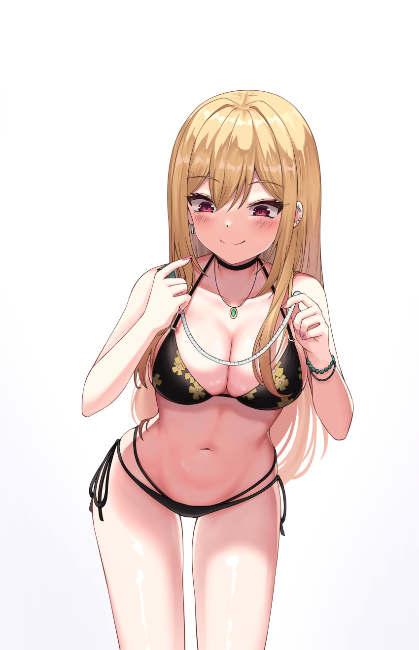 1girl absurdres barbell_piercing bikini black_bikini black_choker blonde_hair bracelet breasts choker cleavage cowboy_shot ear_piercing floral_print highres industrial_piercing jewelry kando kitagawa_marin large_breasts leaning_forward long_hair looking_to_the_side multi-strapped_bikini necklace piercing print_bikini red_eyes side-tie_bikini simple_background solo sono_bisque_doll_wa_koi_wo_suru string_bikini swimsuit tape_measure white_background