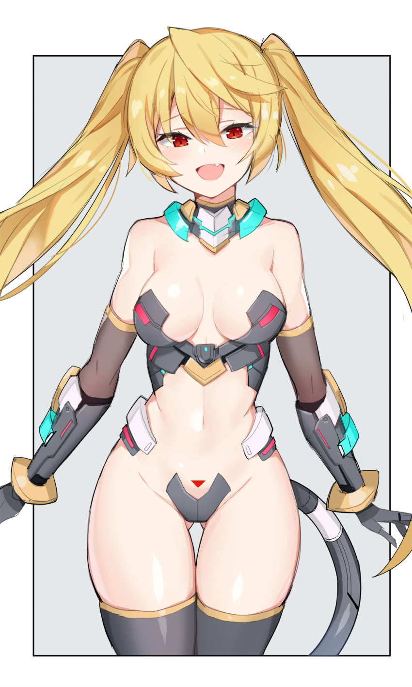 1girl absurdres ass_visible_through_thighs blonde_hair blush breasts character_request eyebrows_visible_through_hair fang highres looking_at_viewer medium_breasts navel open_mouth red_eyes serin199 smile soccer_spirits twintails